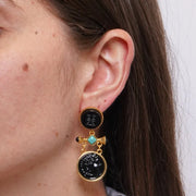 Orecchini in Metallo Bottone dorato pietre nere stile vintage
