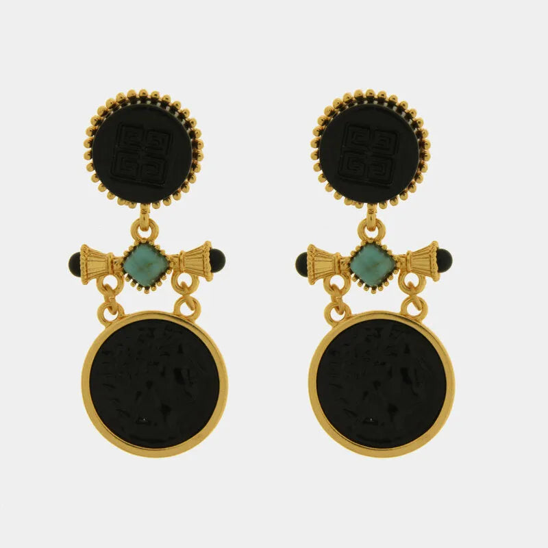 Orecchini in Metallo Bottone dorato pietre nere stile vintage