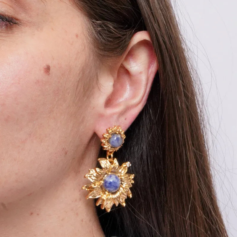Orecchini in Metallo Pendenti girasole dorato pietra blu scuro