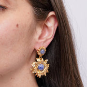 Orecchini in Metallo Pendenti girasole dorato pietra blu scuro