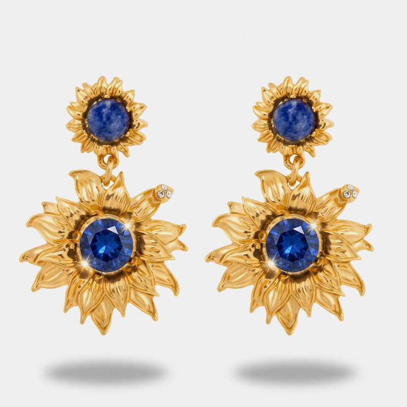 Orecchini in Metallo Pendenti girasole dorato pietra blu scuro - BYSIMON gioielli