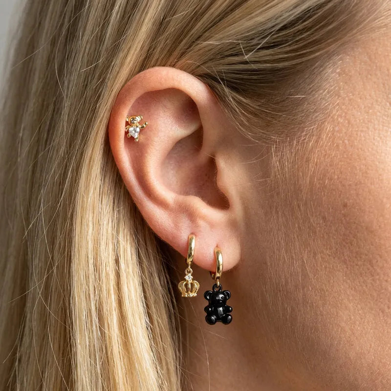 Orecchini in Metallo Set da sei dorato con orsetto nero e cuore