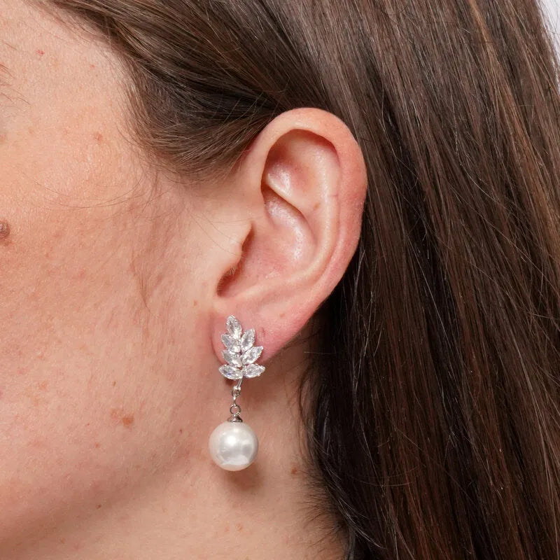 Orecchini in Metallo foglie con cristalli e perla pendente