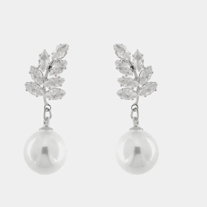 Orecchini in Metallo foglie con cristalli e perla pendente