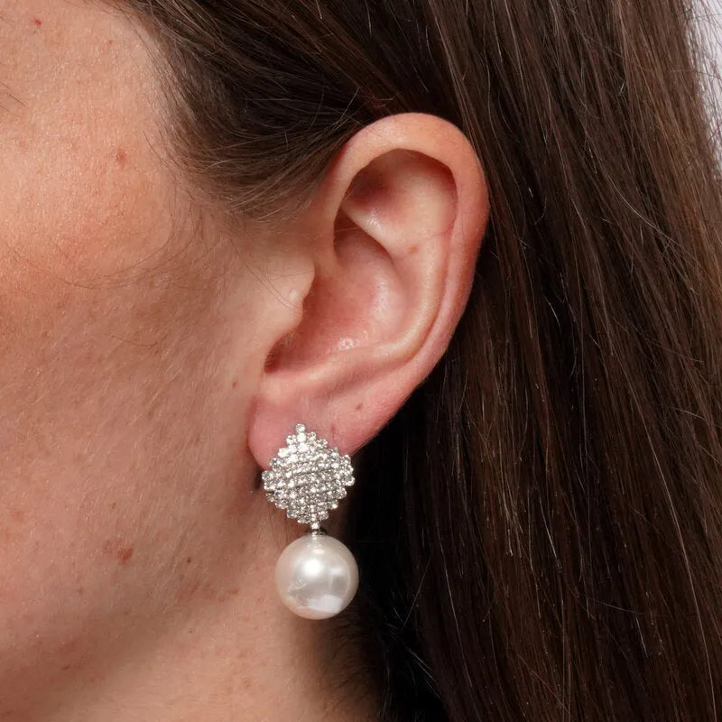 Orecchini in Metallo rombo di cristalli con perla pendente
