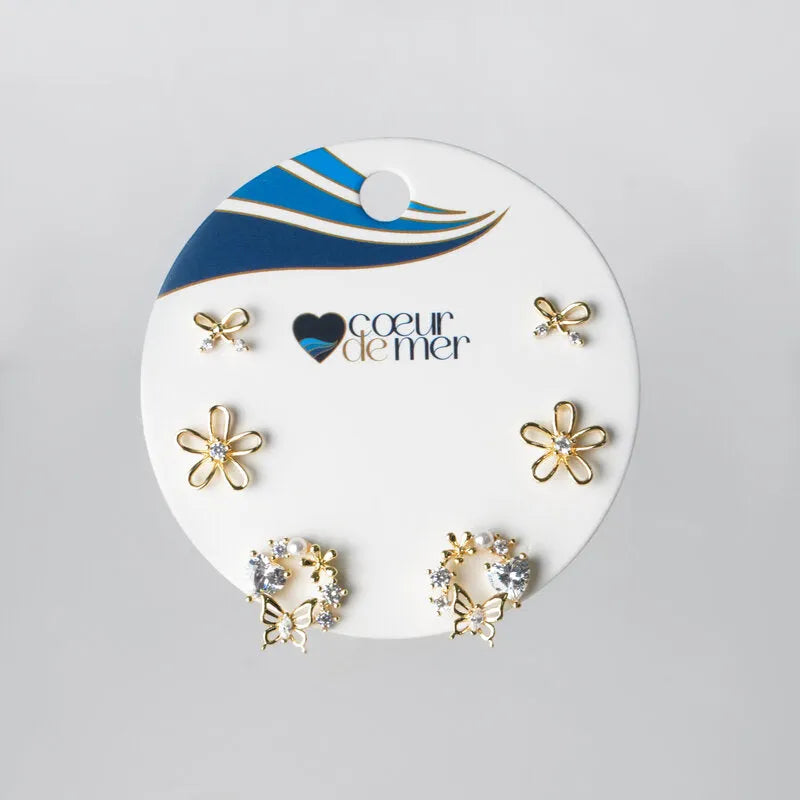 Orecchini in Metallo Set da sei dorato fiocchi, fiori e cerchi decorati