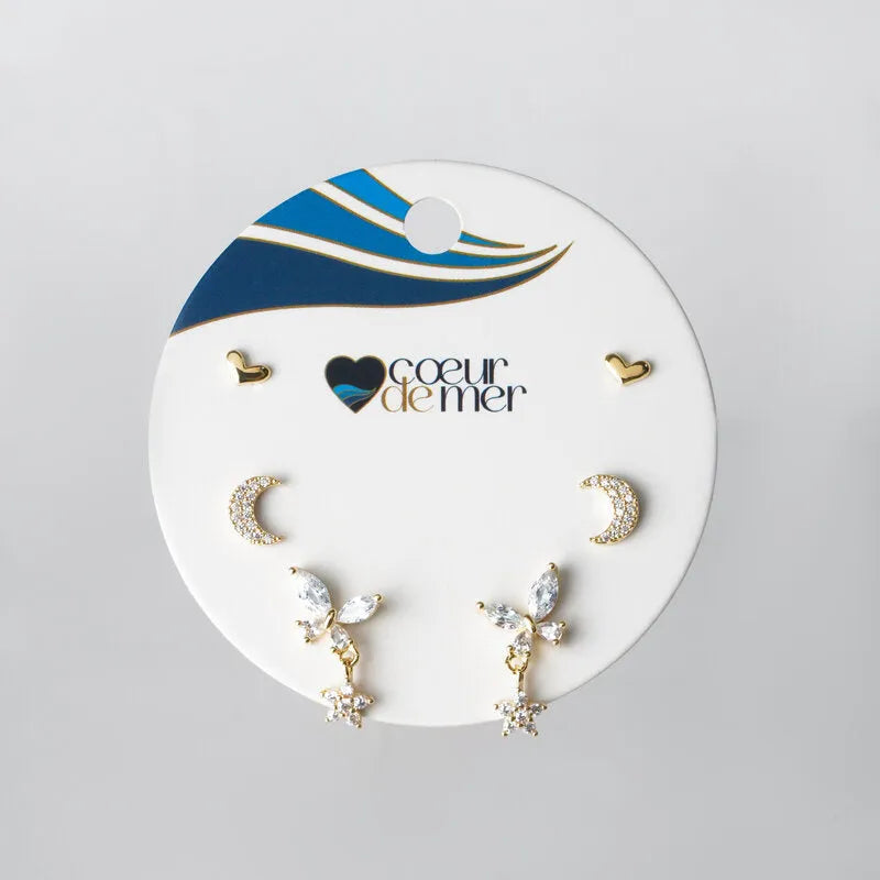 Orecchini in Metallo Set da sei dorato con cuori, lune e pendenti con cristalli