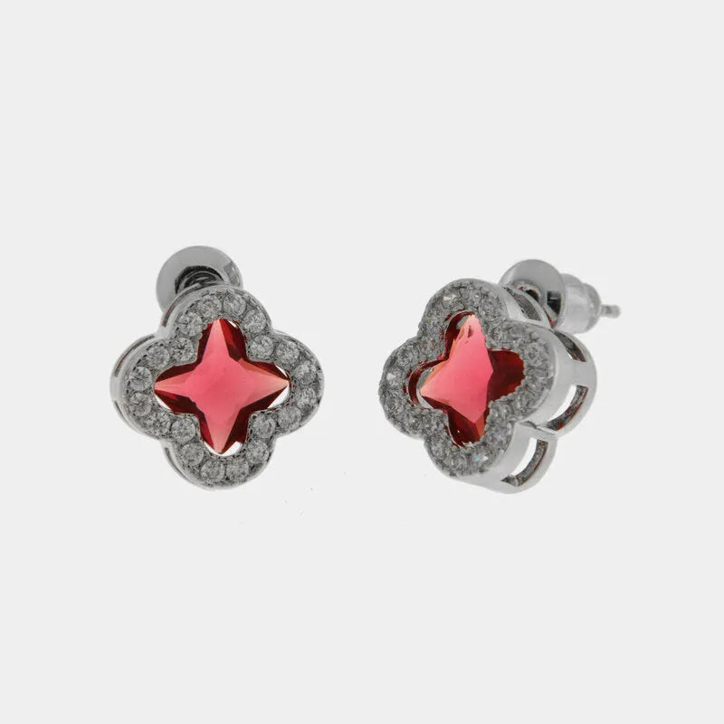 Orecchini in Metallo Lobo Quadrifoglio Rosso Strass