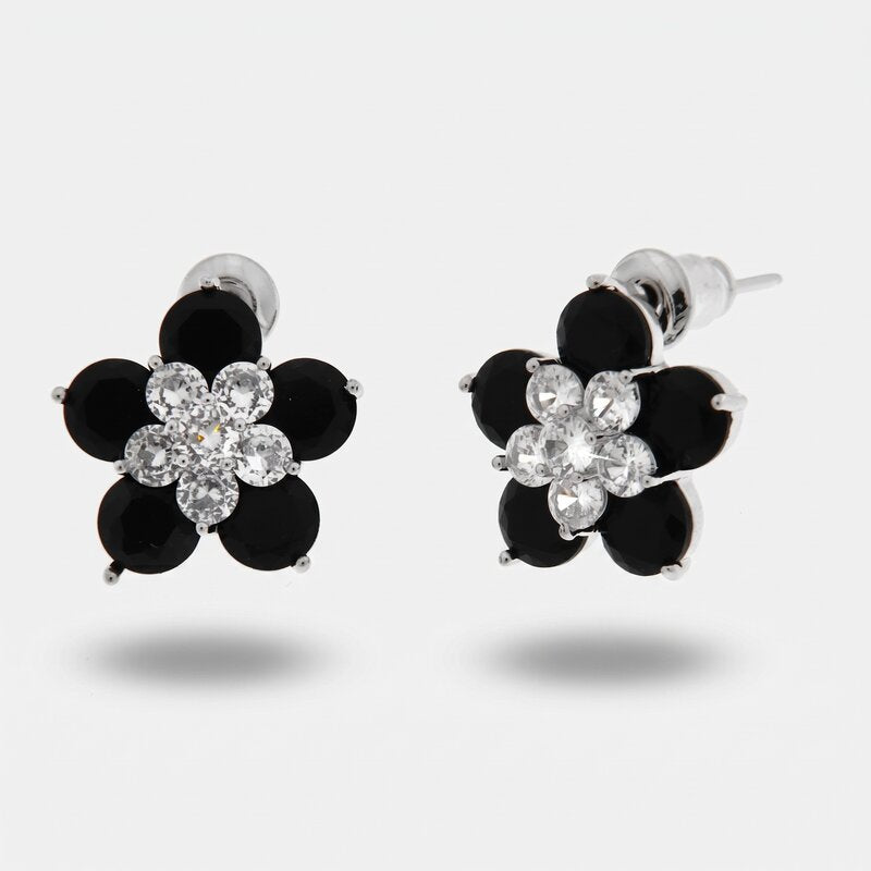 Orecchini in Metallo Lobo Fiore Nero Petali Strass - BYSIMON gioielli