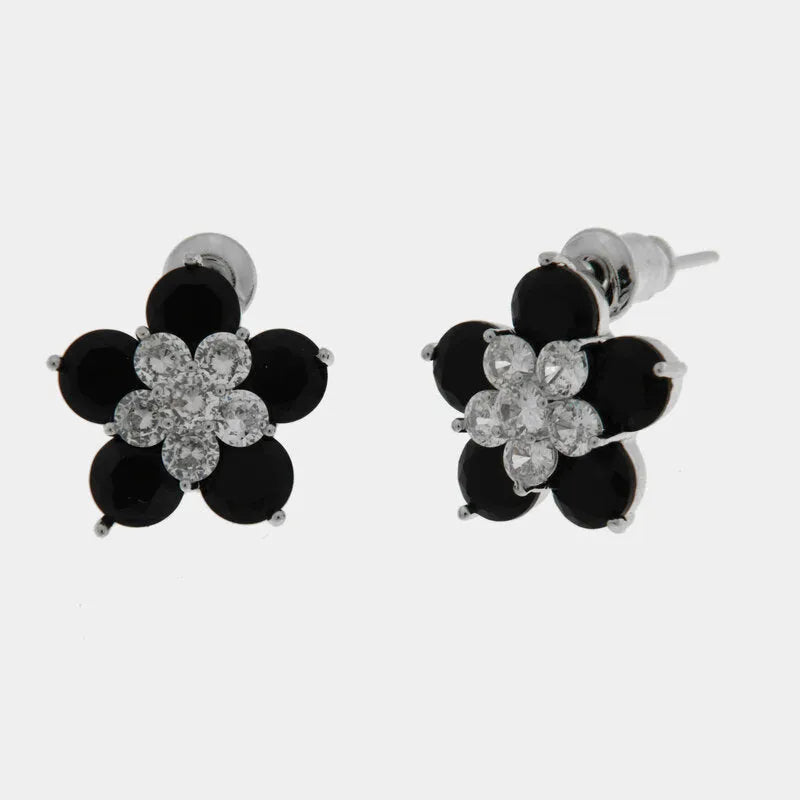 Orecchini in Metallo Lobo Fiore Nero Petali Strass