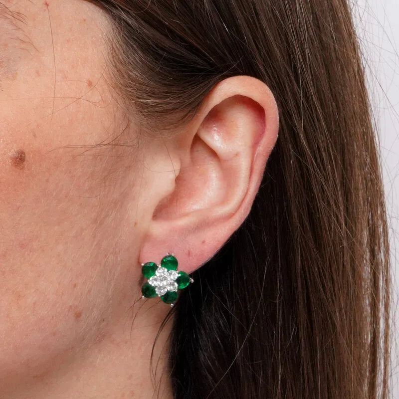 Orecchini in Metallo Lobo Fiore Verde Petali Strass