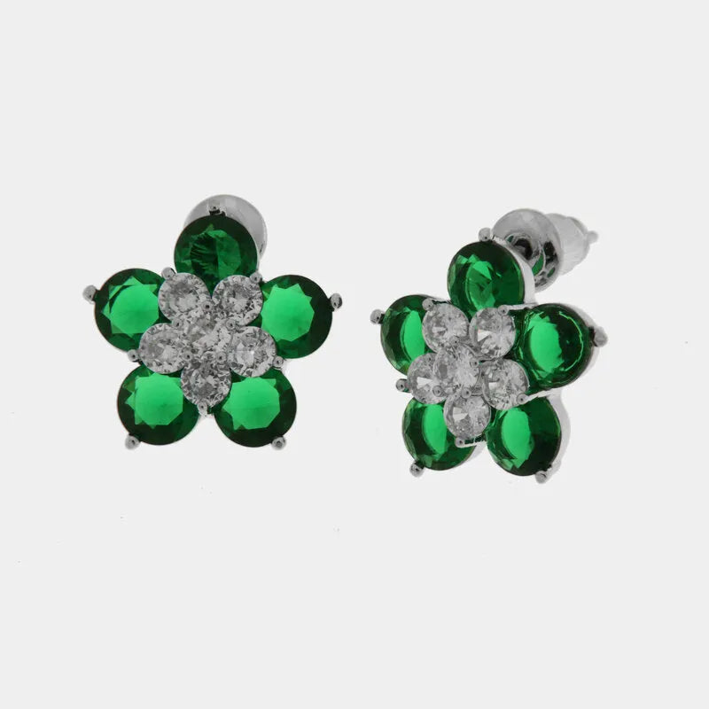 Orecchini in Metallo Lobo Fiore Verde Petali Strass