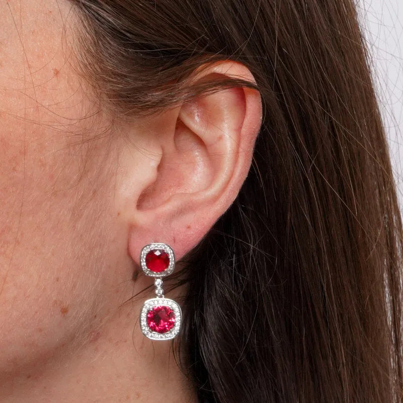 Orecchini in Metallo Pendente Doppio Rosso Strass