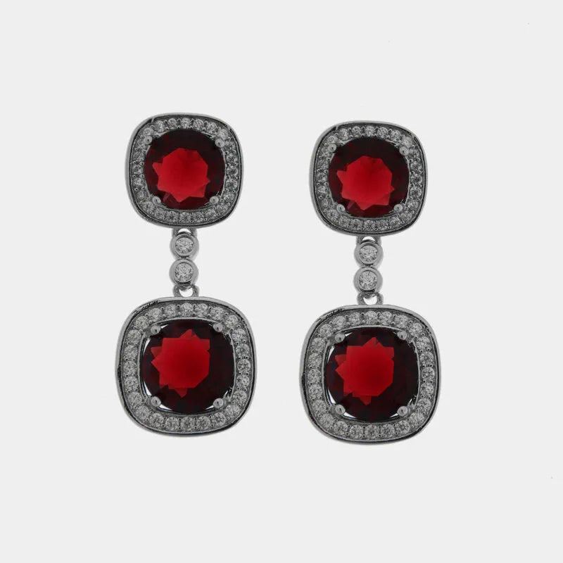 Orecchini in Metallo Pendente Doppio Rosso Strass