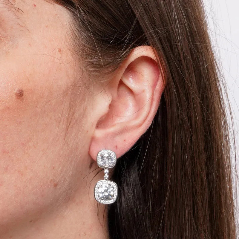 Orecchini in Metallo Pendente Doppio Grigio Strass