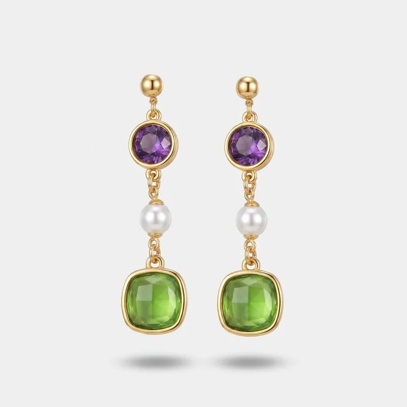 Orecchini in Metallo pendenti cristalli verdi e viola