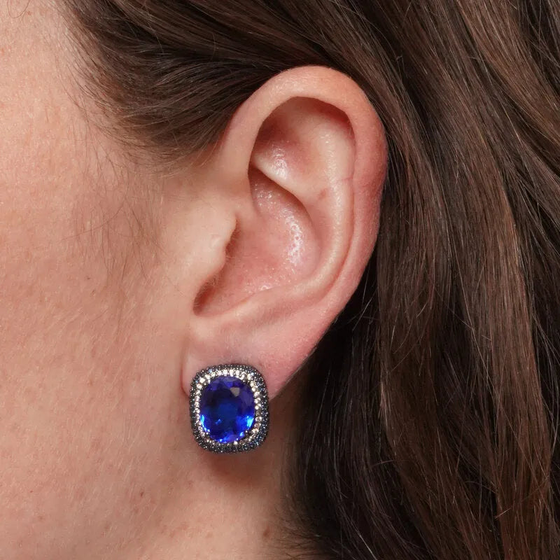 Orecchini in Metallo brunito zircone rettangolo blu