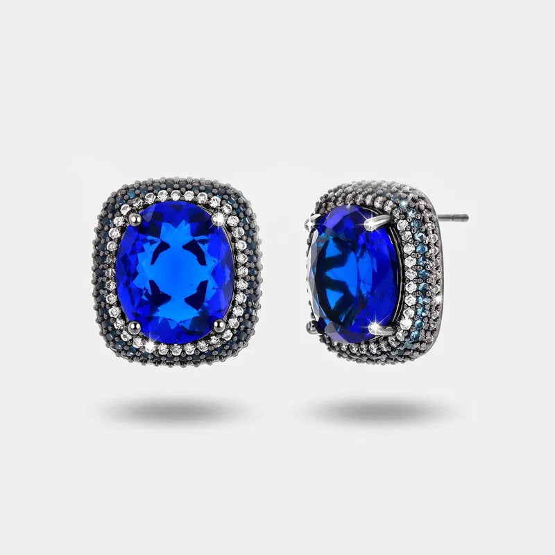 Orecchini in Metallo brunito zircone rettangolo blu