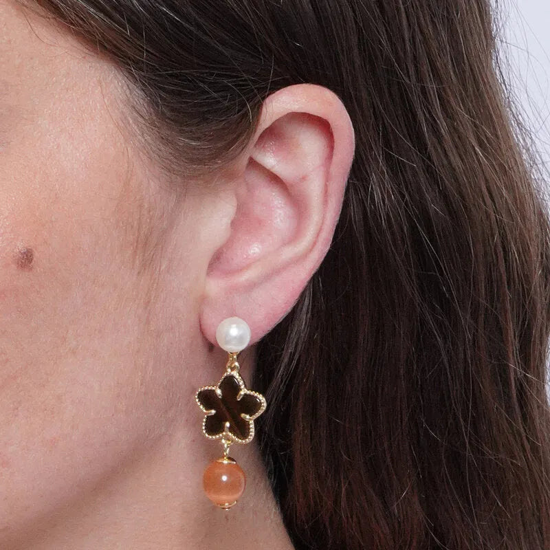 Orecchini in Metallo con fiore e pietra arancione