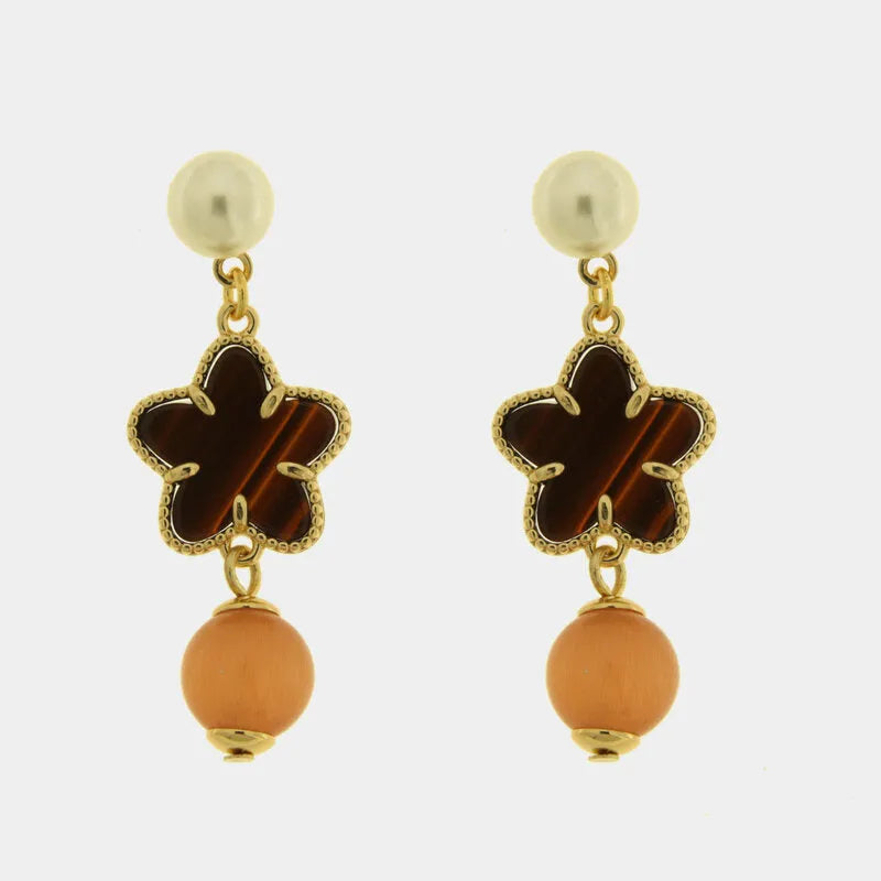 Orecchini in Metallo con fiore e pietra arancione