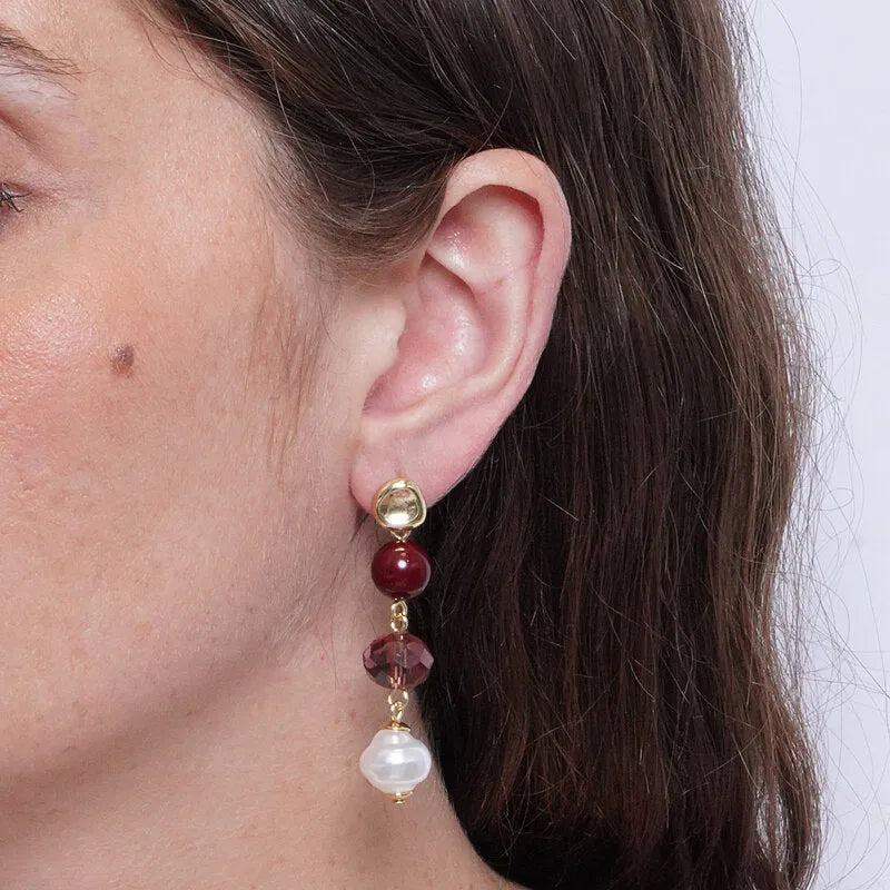 Orecchini in Metallo con cristalli bordeaux e perla