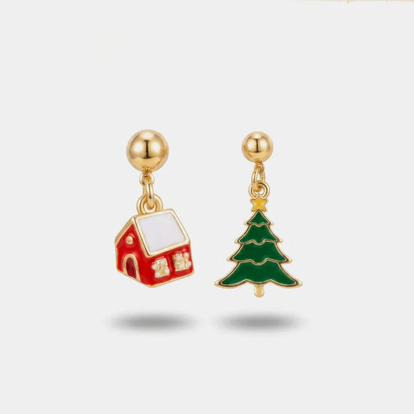 Orecchini in Metallo asimmetrici casetta e albero di Natale