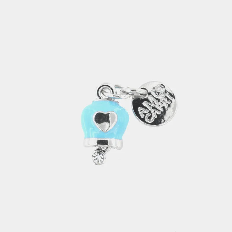 Metal bell-shaped lucky charm pendant, enameled in blue and embellished with crystals