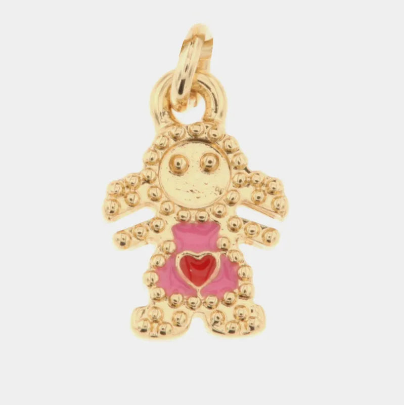 Girl metal pendant with heart embellished with colored enamels