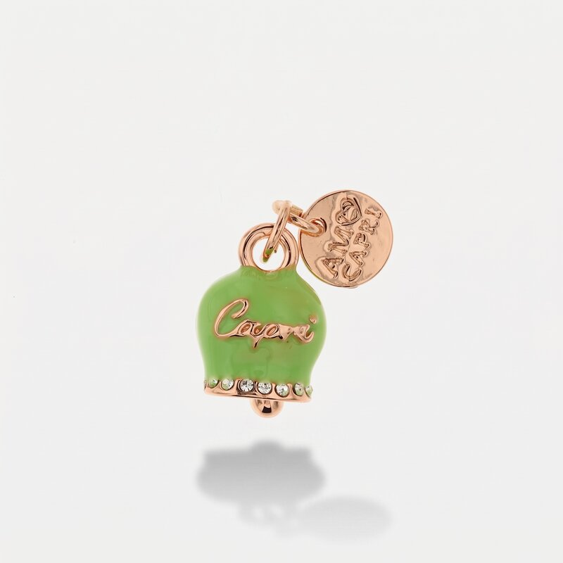 Ciondolo in Metallo campanella con scritta Capri verde lime e cristalli bianchi