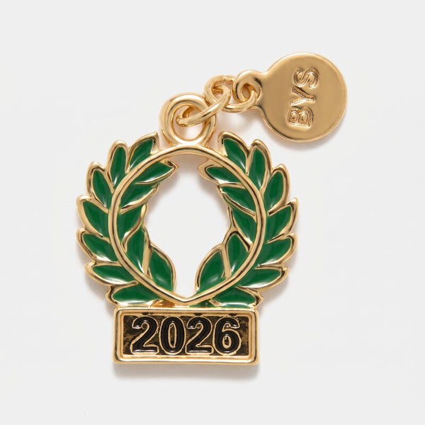 Ciondolo in Metallo Bomboniera laurea 2026 a forma di corona d'alloro verde in metallo placcato. - BYSIMON gioielli