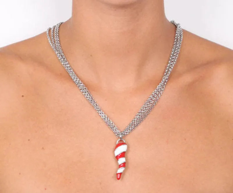 Collana in Metallo multifili con corno pendente in smalto bianco e rosso AMONAPOLI - gioiello BySimon