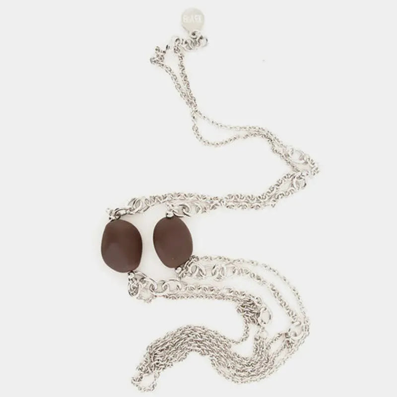 Collana in Metallo lunga, mutifili con elementi effetto pietra dura marrone