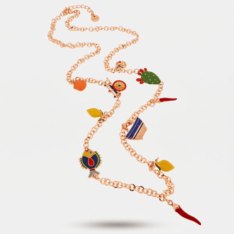 Collana in metallo con corno portafortuna e charm siciliani | cornetto portafortuna | BYSIMON