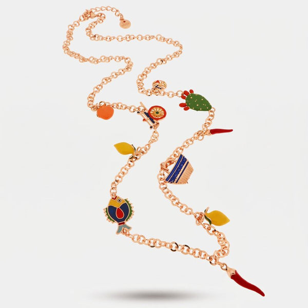 Collana in metallo con corno portafortuna e charm siciliani | cornetto portafortuna | BYSIMON