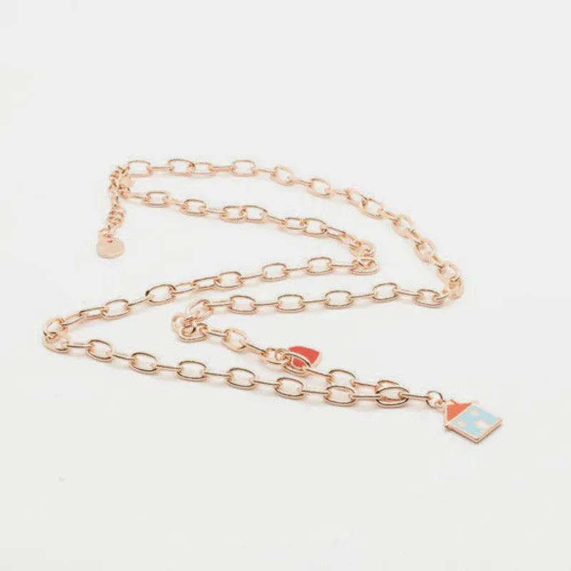 Collana in Metallo a catena lunga, con ciondolo casa pendente impreziosito da smalti colorati