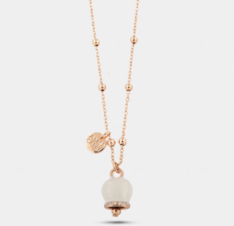 Collana in Metallo con campanella portafortuna pendente, impreziosita da smalto bianco e cristalli - BYSIMON gioielli