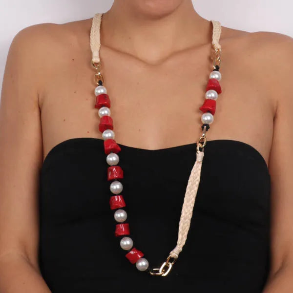 Collana in Metallo a cordone lungo, con corallo rosso e perle