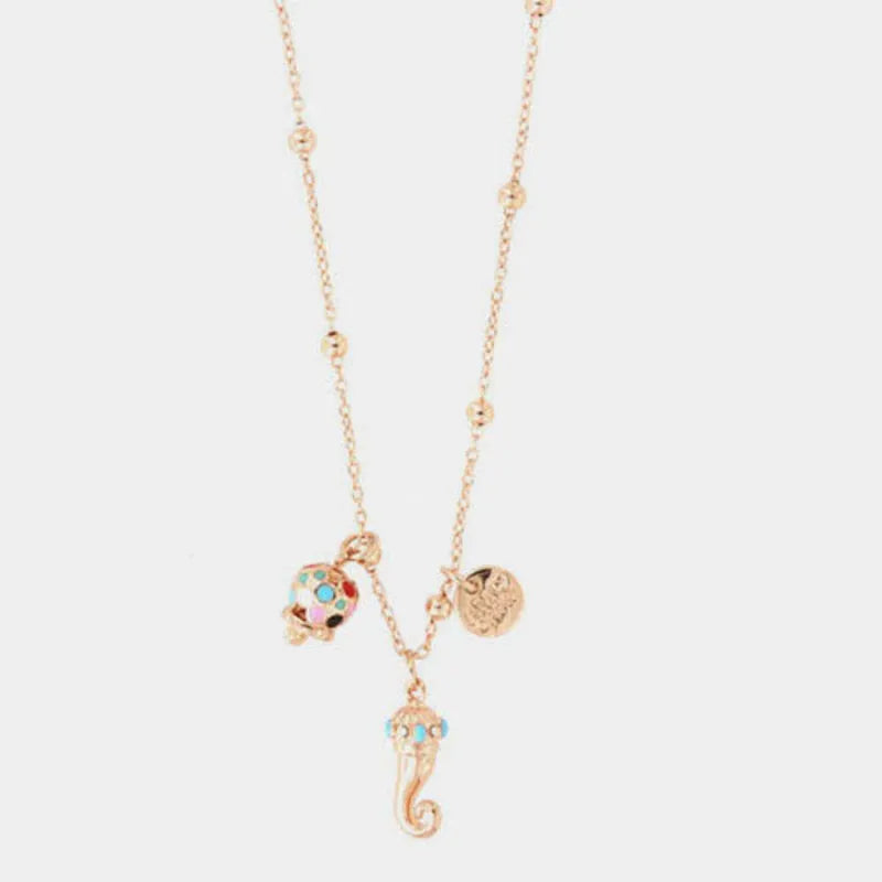 Collana in Metallo con corno pendente impreziosito da punte di smalto turchese e campanella in smalti multicolore - BYSIMON gioielli