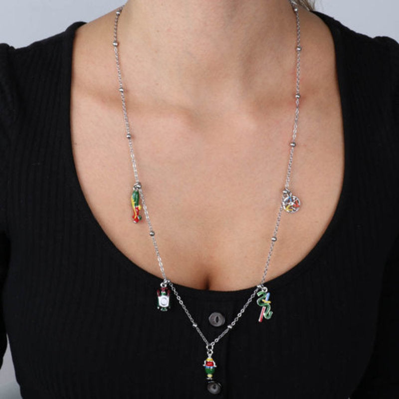 Collana in Metallo multiciondolo, con simboli carte siciliane pendenti, impreziosite da smalti colorati