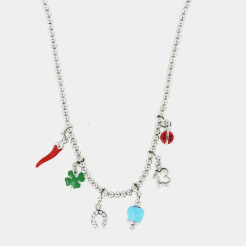 Collana in Metallo Collana in Metallo con corno, quadrifoglio, coccinella, ferro di cavallo e campanella capri - BYSIMON gioielli