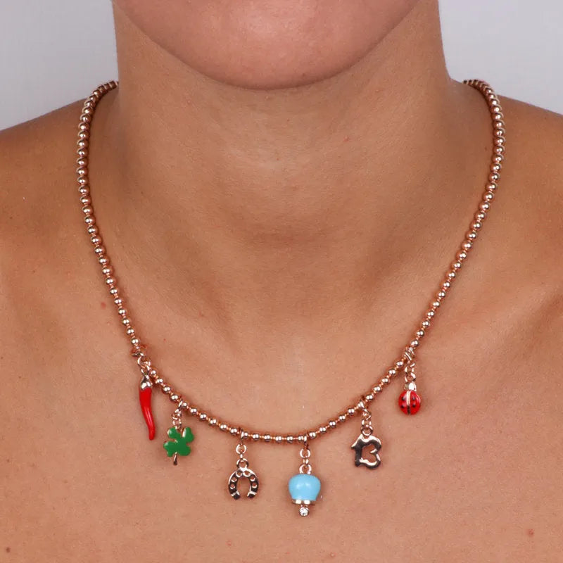Collana in Metallo con corno napoletano, quadrifoglio, coccinella, campana capri - BYSIMON gioielli