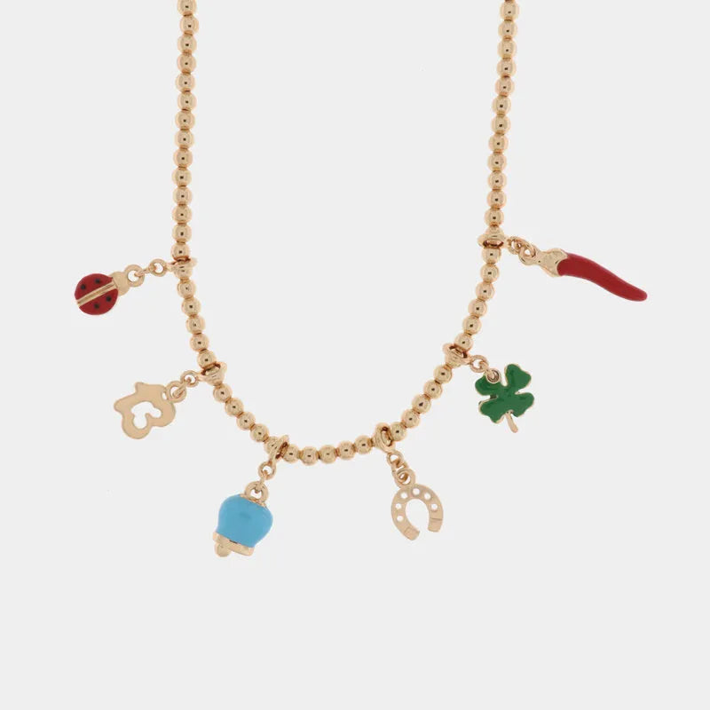 Collana in Metallo con corno napoletano, quadrifoglio, coccinella, campana capri - BYSIMON gioielli