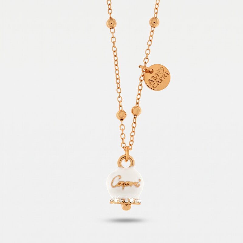 Collana in Metallo con campanella portafortuna pendente impreziosita da smalto bianco e cristalli