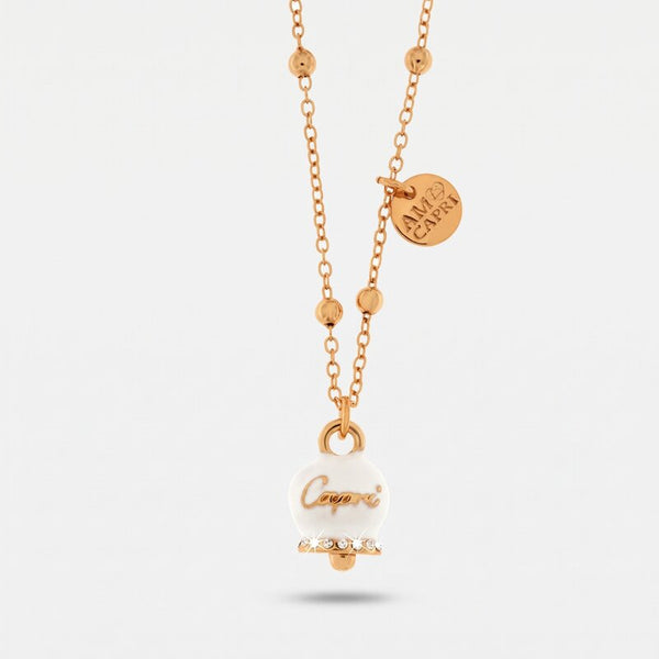 Collana in Metallo con campanella portafortuna pendente impreziosita da smalto bianco e cristalli