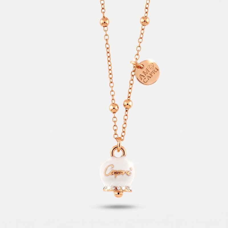 Collana in Metallo con campanella portafortuna pendente impreziosita da smalto bianco e cristalli