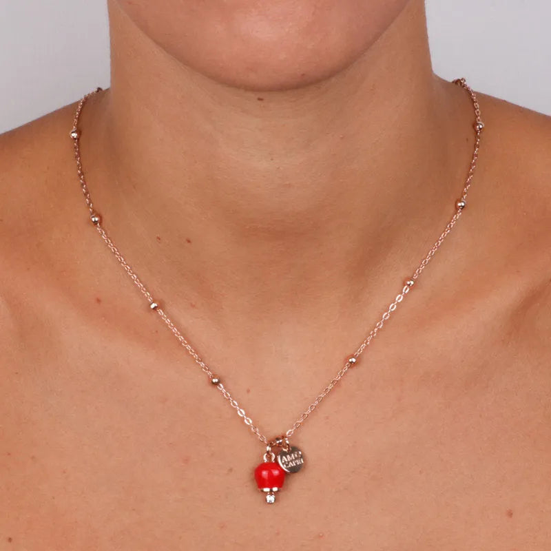 Collana in Metallo con campanella portafortuna pendente, impreziosita da smalto rosso e cristalli - BYSIMON gioielli