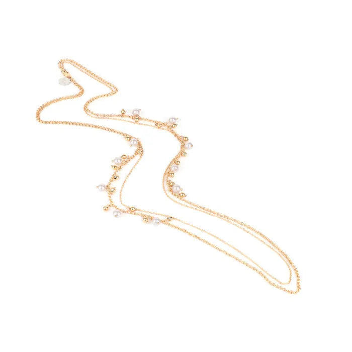 Collana in Metallo a catena lunga multifili, impreziosita da sfere effetto perle pendenti