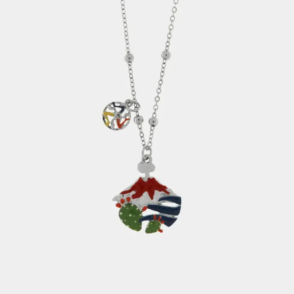 Collana in Metallo con pendente vulcano Etna e fichi d'india, impreziositi da smalti colorati e ciondolo trinacria