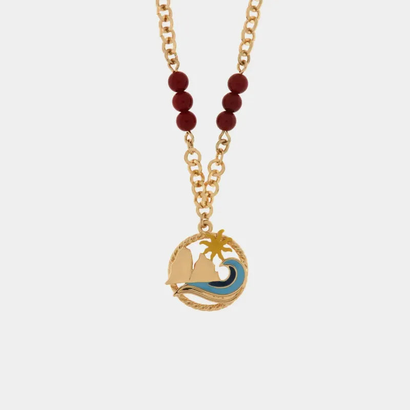 Collana in Metallo con pendente faraglioni, mare e sole e perline corallo rosso sulla catena