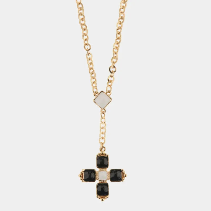 Collana in Metallo con pendente a forma di croce impreziosito da cristalli neri e bianchi